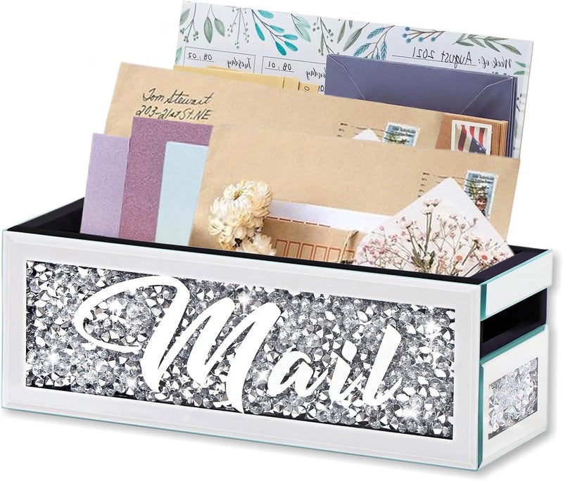 WALTSOM Crushed Diamond Mail Organizer, Crystal Mail Organizer Countertop, Mirror Letter Holder, Mail Tray, Mail Holder Box for Desk, Mail Holder for Wall - Image 1
